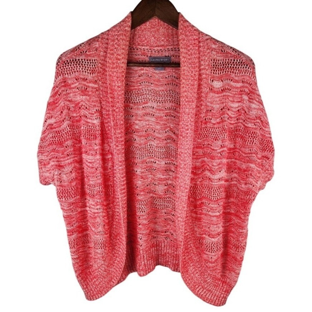 Pointelle Knit Open Front Cardigan Red White Space Dye Sweater M Laura Scott